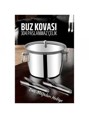 ® Buz Kovası 304 Paslanmaz Çelik ve Buz Maşası Seti Buz Termosu
