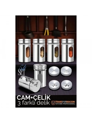 ® Cam+Çelik Tuzluk Biberlik Karabiberlik 3 Farklı Delikli 5 li SET