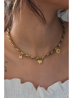 ® Çelik Gold Renk Kalın Zincir Model Kalp Figür Kadın Kolye