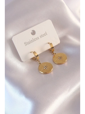 ® Çelik Gold Renk Kutup Yıldızı İşleme Zirkon Taşlı Kadın Küpe