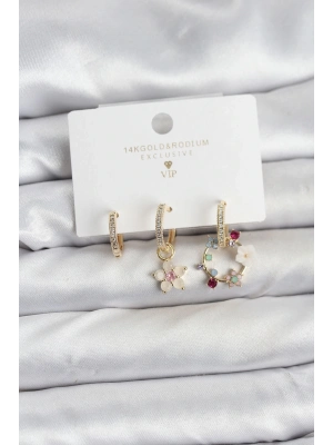 ® Çiçek Model Gold Renk Pirinç 3lü Kadın Küpe Seti