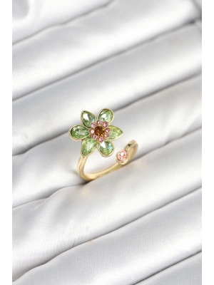 ® Çiçek Model Yeşil Pirinç Gold Renk Yüzük