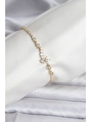® Çiçekli Model Zirkon Taşlı Gold Renk Su Yolu Kadın Bileklik