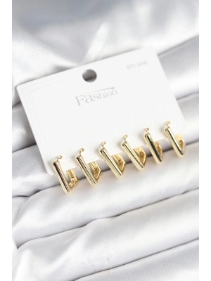 ® Gold Renk Kare Model Pirinç 925 Ayar Gümüş Çivili Kadın Küpe Seti