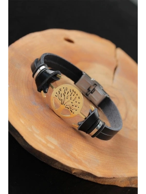® Gold Renk Metal Ağaçlı Tasarım Siyah Renk Deri Erkek Bileklik