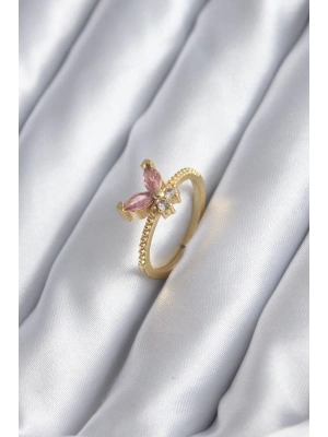 ® Gold Renk Pembe Zirkon Taşlı Kelebek Model Kadın Yüzük