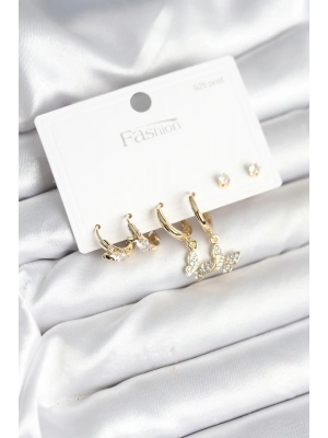 ® Gold Renk Pirinç Kelebek Model 925 Ayar Gümüş Çivili Kadın Küpe Seti