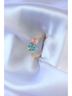 ® Gold Renk Renkli Zirkon Taşlı Pirinç Kadın Yüzük