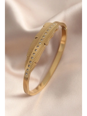 ® Gold Renk Yaprak Model Zirkon Taş Detay Kelepçe Kadın Bileklik