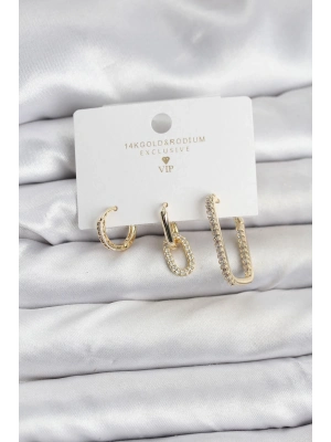 ® Gold Renk Zirkon Taşlı 3lü Kadın Küpe Seti