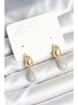 ® Gold Renk Zirkon Taşlı Damla Pirinç Kadın Küpe