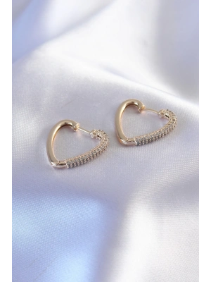 ® Gold Renk Zirkon Taşlı Kalp Model Kadın Küpe