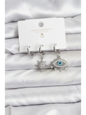 ® Göz Model Gümüş Renk Pirinç 3lü Kadın Küpe Seti