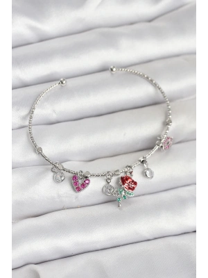 ® Gül Charmlı Gümüş Renk Pirinç Kadın Bileklik