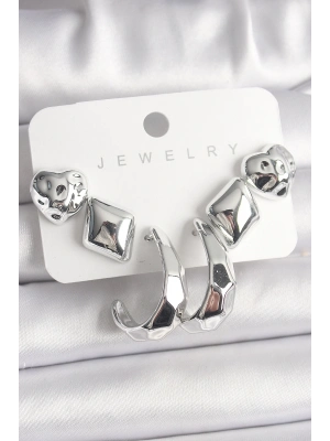 ® Gümüş Renk Kalp Halka Figür CCB Plastik Kadın Küpe Seti