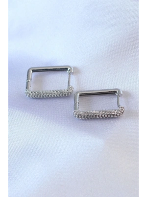 ® Gümüş Renk Kare Model Zirkon Taşlı Pirinç Kadın Küpe