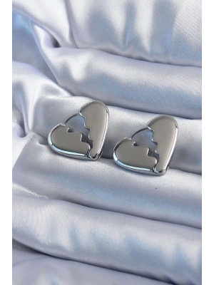 ® Gümüş Renk Kırık Kalp Model Pirinç Kadın Küpe