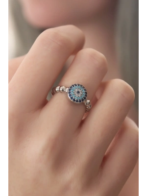 ® Gümüş Renk Nazar Boncuk Figür Zirkon Taş Detay Kadın Yüzük