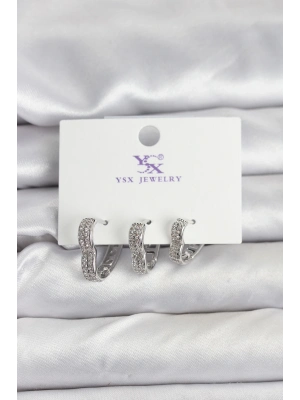 ® Gümüş Renk Pirinç Zirkon Taşlı Kalpli Kadın Küpe