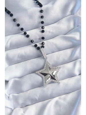 ® Gümüş Renk Siyah Boncuk Zirkon Taşlı Pirinç Yıldız Model VİP Seri Kadın Kolye
