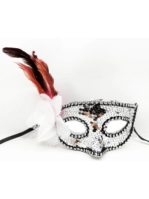 Gümüş Renk Yandan Tüylü Güllü Gümüş Taşlı Pullu Maske 20x22 cm