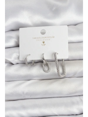 ® Gümüş Renk Zirkon Taşlı 3lü Kadın Küpe Seti
