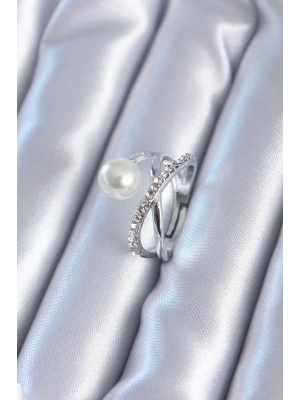 ® Gümüş Renk Zirkon Taşlı İncili Kadın Yüzük