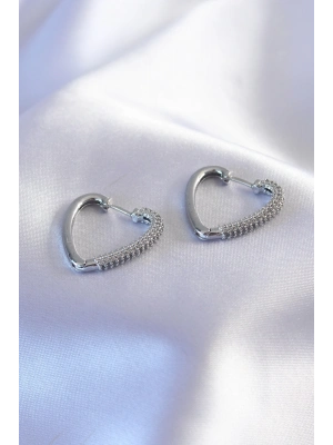 ® Gümüş Renk Zirkon Taşlı Kalp Model Kadın Küpe