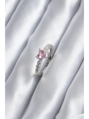 ® Gümüş Renk Zirkon Taşlı Pembe Kristal Kalp Model Kadın Yüzük