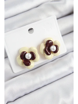 ® İnci Detaylı Krem Kahverengi Renk Papatya Model Kadın Küpe