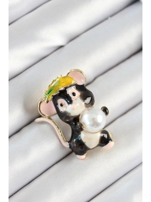 ® İnci Detaylı Siyah Ve Pembe 3D Sevimli Fare Figürlü Gold Renk Kadın Broş
