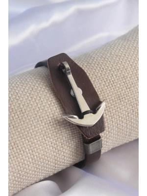 ® Kahverengi Deri Model Gümüş Renk Çapa Figür Erkek Bileklik