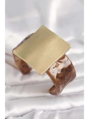 ® Kahverengi Mermer Desen Akrilik Plastik Gold Kare Plaka Model Vintage Kadın Bilezik