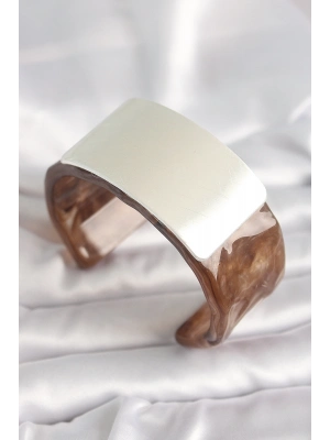 ® Kahverengi Mermer Desen Akrilik Plastik Gümüş Dikdörtgen Plaka Vintage Kadın Bilezik