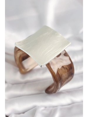 ® Kahverengi Mermer Desen Akrilik Plastik Gümüş Kare Plaka Model Vintage Kadın Bilezik