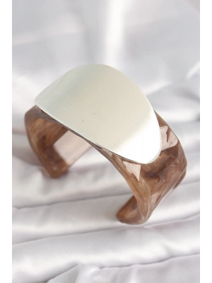 ® Kahverengi Mermer Desen Akrilik Plastik Gümüş Oval Plaka Model Vintage Kadın Bilezik