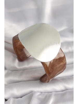 ® Kahverengi Mermer Desen Akrilik Plastik Gümüş Plaka Model Vintage Kadın Bilezik