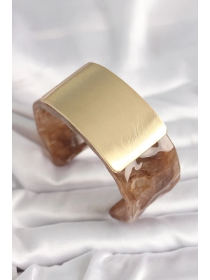 ® Kahverengi Mermer Desen Akrilik Platik Gold Dikdörtgen Plaka Model Vintage Kadın Bilezik