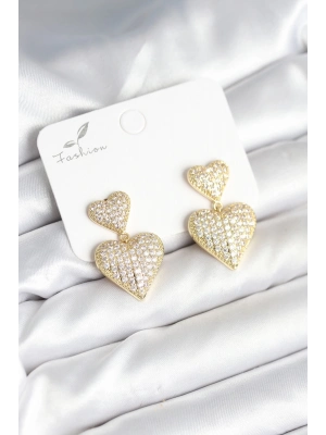 ® Kalp Model Zirkon Taşlı Gold Renk Pirinç Kadın Küpe