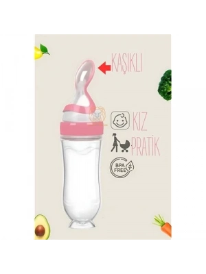 ® Kaşıklı Mama Silikon Biberon KIZ Bebek Besleyici