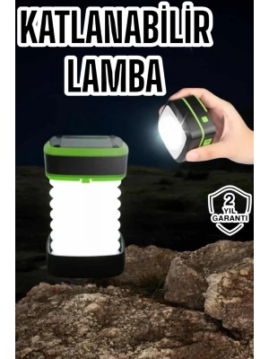 ® Katlanabilir Kamp Lambası Solar Fener Görünümlü 3 Kademeli Şarjlı