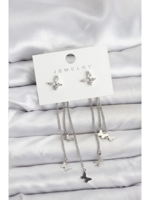 ® Kelebek Model Gümüş Renk Pirinç Sallantılı Kadın Küpe