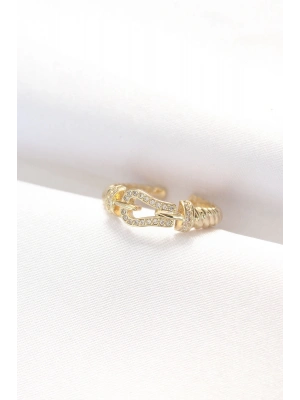 ® Kemer Tokası Tasarımlı Gold Renk Zirkon Taşlı Ayarlanabilir Yüzük