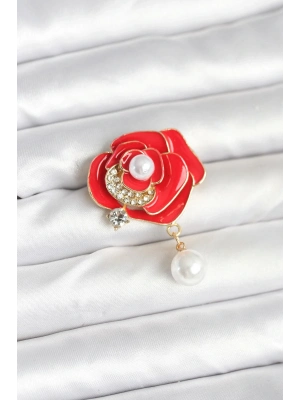 ® Kırmızı Gül İncili Model Broş