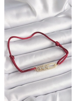 ® Kırmızı İpli Asansörlü Zirkon Taşlı Gold Messika Model Kadın Bileklik