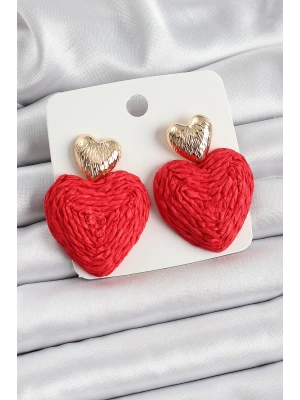 ® Kırmızı Kalp Figürlü Hasır Örgü Model Gold Renk Kadın Küpe