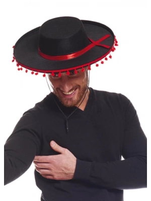 Kırmızı Ponponlu Siyah Renk Yetişkin İspanyol Şapkası