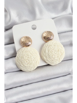 ® Krem Daire Figürlü Hasır Örgü Model Gold Renk Kadın Küpe