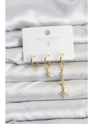 ® Kutup Yıldızı Model Gold Renk Pirinç 3lü Kadın Küpe Seti