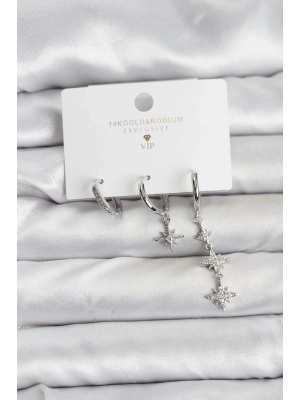 ® Kutup Yıldızı Model Gümüş Renk Pirinç 3lü Kadın Küpe Seti